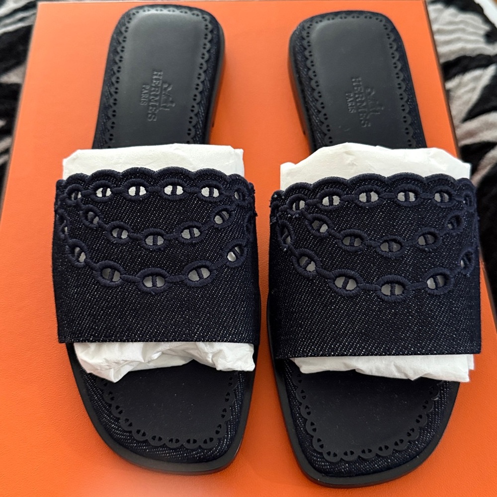 hermes sandals gaelle blue denim jeans oran slide sandal flat flip flop NIB